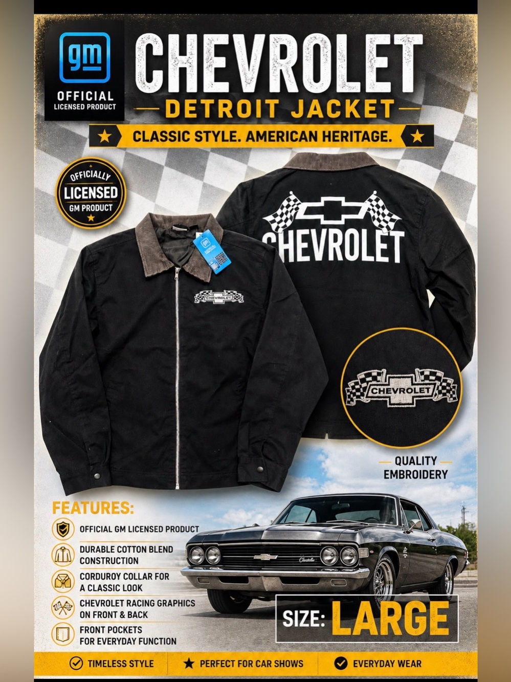 Chevrolet Detroit jacket, GM Official, Size Large, Black W/ Corduroy Collar. NWT